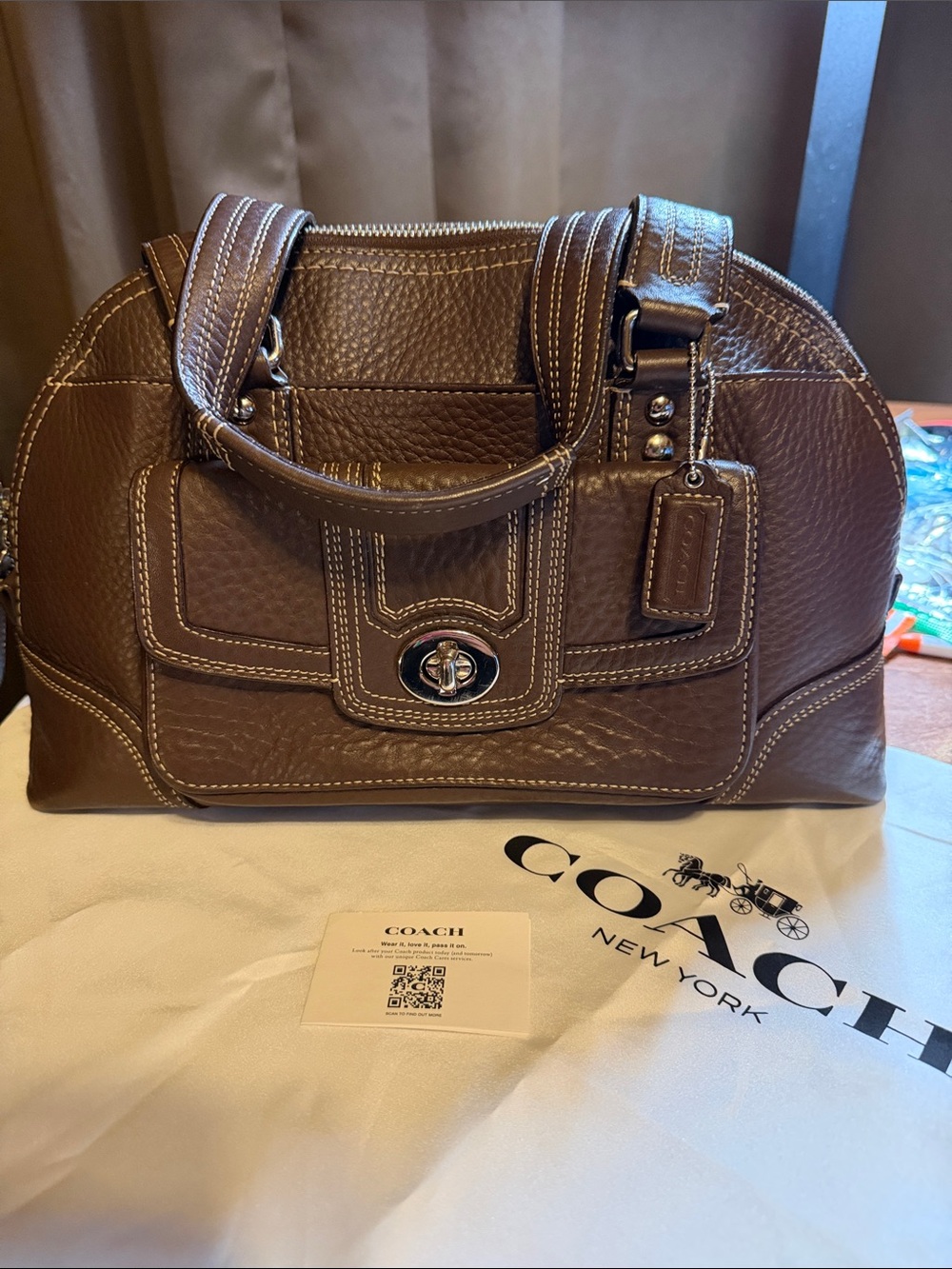 Coach Brown Pebbled Leather Satchel with Turnlock